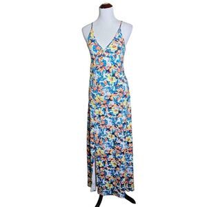 GUESS Floral Maxi Dress Small Blue Yellow Orange Slit Surplice Summer Boho